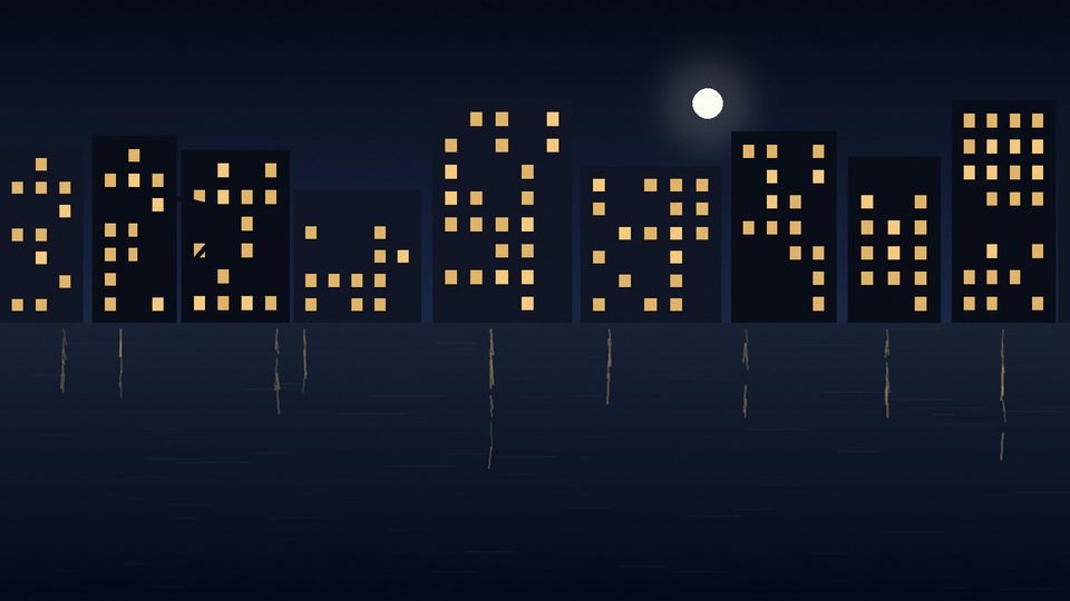 Los diques de noche con reflejos en el agua